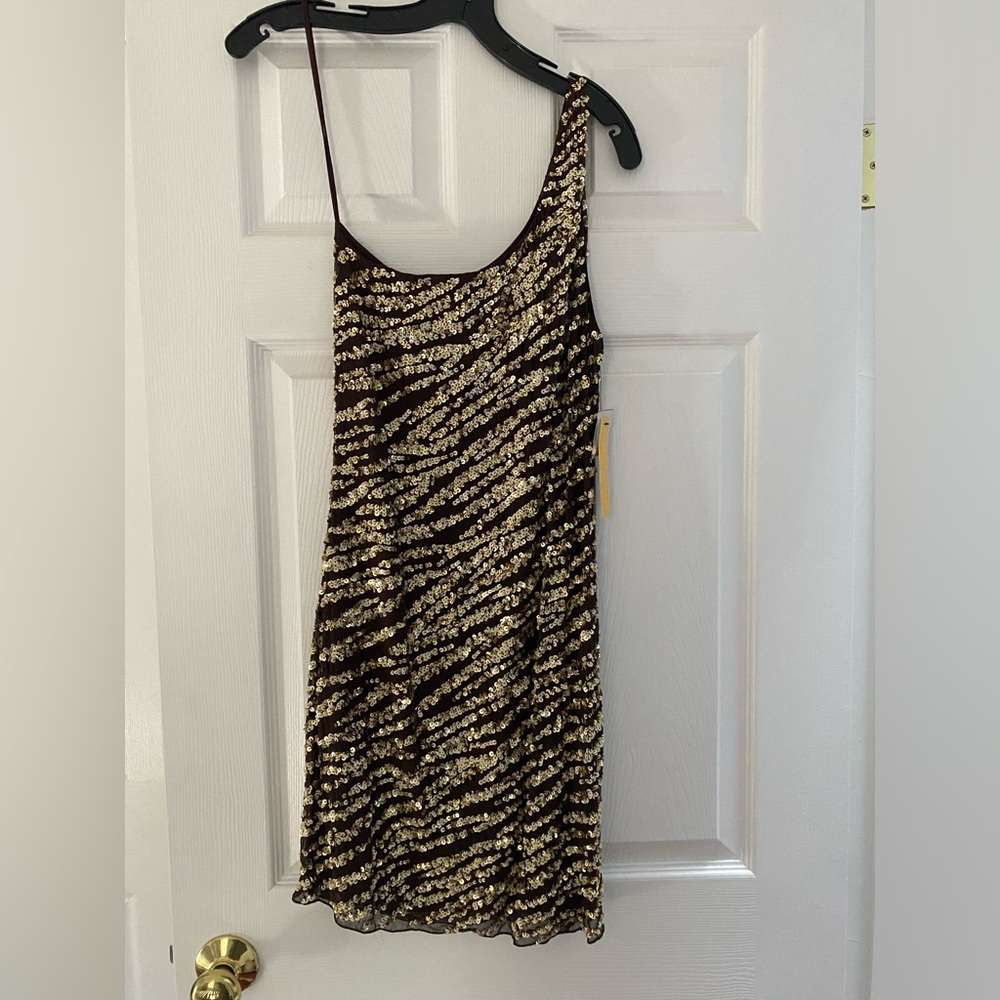 Alice & Olivia Brown and Gold One Shoulder Sequin Dress NWT